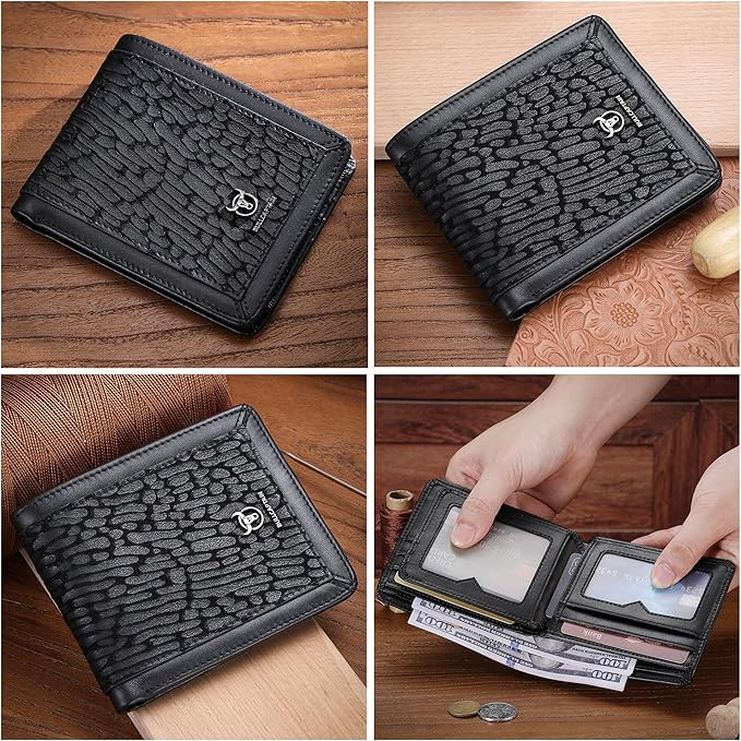 LUKZIJAES Mens Wallets Bifold Black Genuine Leather Wallet for Men RFID Blocking Slim Front Pocket Wallets with 2 ID Window (#13-Black)