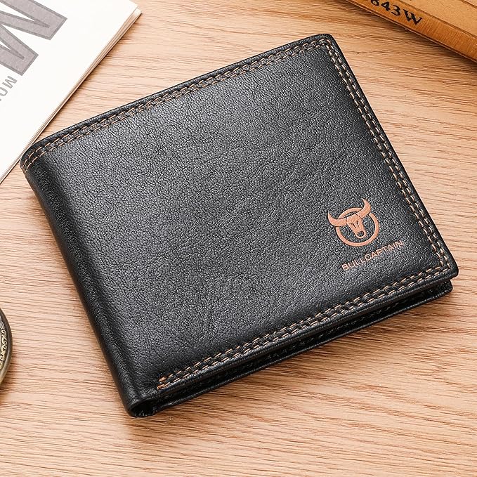 LUKZIJAES Genuine Leather Wallet for Men RFID Blocking Slim Bifold Front Pocket Wallets with 2 ID Window (#3-Black)