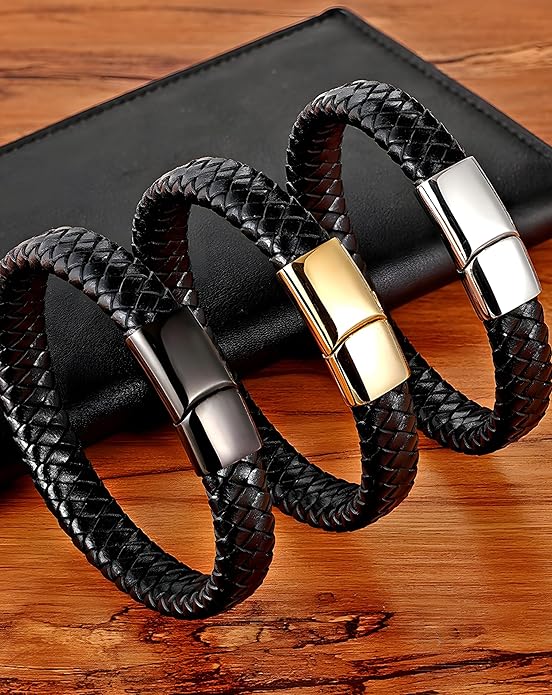 Leather Bracelet for Men, Braided Mens Cuff Bracelets with Stainless Steel Clasp Stacked Multi Style Color Anniversary Father's Day Birthday Christmas Jewelry Gifts for Him
