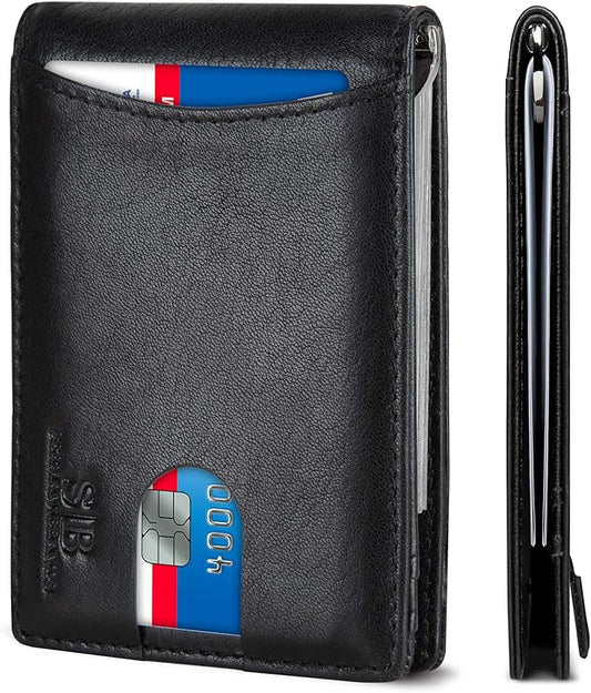 SERMAN BRANDS RFID Blocking Slim Bifold Genuine Leather Minimalist Front Pocket Wallets for Men with Money Clip Thin Mens