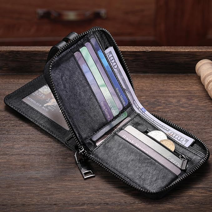 LUKZIJAES Genuine Leather Wallet for Men RFID Blocking Large Capacity Credit Card Vintage Men's wallet Zipper ID Window Coin Pocket (#8-Black)