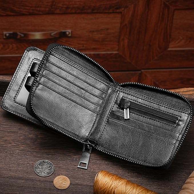 LUKZIJAES Genuine Leather Wallet for Men RFID Blocking Large Capacity Credit Card Vintage Men's wallet Zipper ID Window Coin Pocket (#8-Black)