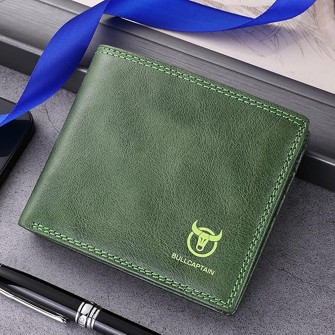 LUKZIJAES Genuine Leather Wallet for Men RFID Blocking Slim Bifold Front Pocket Wallets with 2 ID Window (#3-Green)